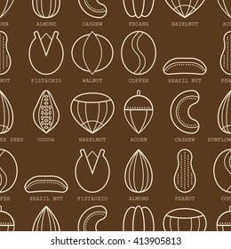 Flat linear icons of different nuts. Seamless pattern. Vector illustration