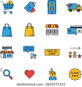Iconos lineales planos para "Comercio electrónico y compras". Incluye símbolos para Carritos, descuentos, pagos móviles, entrega, bolsos, códigos de barras, tarjetas de crédito, tiendas, COD, "agregar al Carrito", calificaciones, búsqueda, me gusta