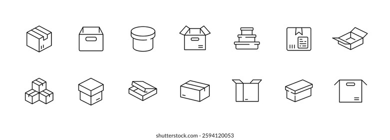 Flat linear icons set featuring various box designs in vector style.