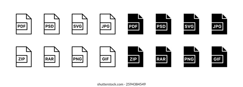 Flat linear icons set of file formats: pdf, psd, , jpg, zip png, gif.