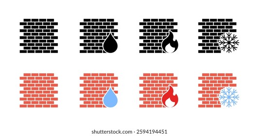 Flat linear icons set: fire, water, snowflake, brick wall elements.