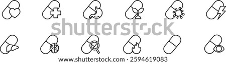 Flat linear icons set of medical pills with health symbols in vector format.