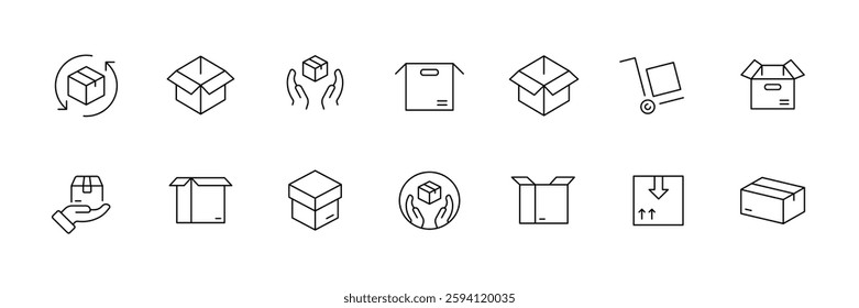 Flat linear icons set of packaging and delivery concepts.