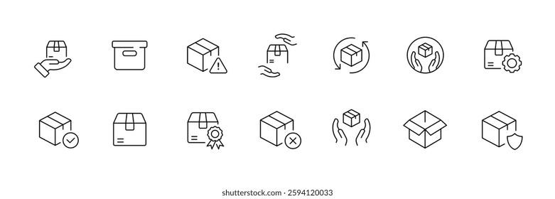 Flat linear icons set of parcel handling and shipping symbols.