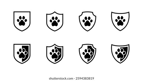 Flat linear icons set: paw print shields vector collection in various designs.