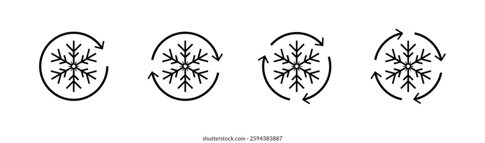 Flat linear icons set of rotating snowflakes with arrows - weather symbols.
