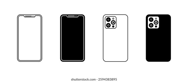 Flat linear icons set of smartphones with front and back views.