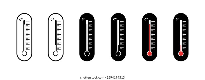 Flat linear icons set of thermometers indicating temperature levels in vector style.