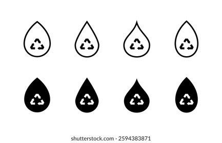 Flat linear icons set of water drop with recycling symbol.
