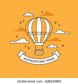 Flat linear illustration with air balloon flying in the sky on orange background. Creative concept for travel and adventure banner or poster design.