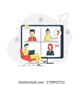 Flat linear illustration of Conference video call concept, remote project management, quarantine, working from home. Vector geometric illustration Banner, icon, landing page.