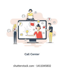 Flat linear illustration of Customer service, customer assistance with idea. Technical support, online help concept for web banner, business presentation, advertising material. problem solving