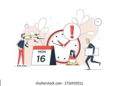 Flache lineare Illustration von Deadline. Flaches lineares Personkonzept mit Kalender. Grafik zur Zeitmanagementkarte, um Termintermine, Tagesordnung oder Termine zu strukturieren.