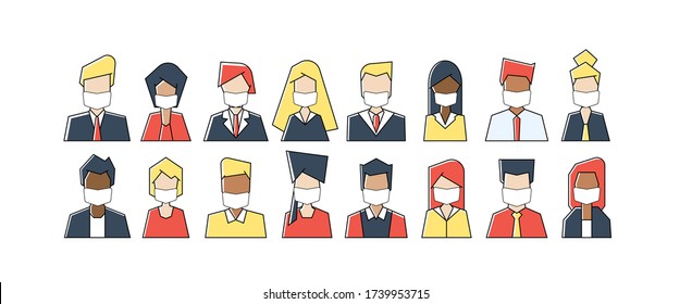 Flat linear illustration of Group Office People in white medical face mask to prevent disease, flu, air pollution, contaminated air, world pollution. quarantine