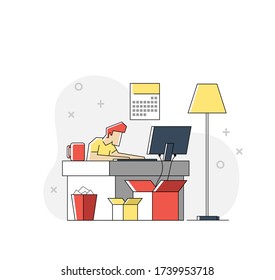 Ilustración lineal plana del hombre guapo está trabajando en su laptop. Interior de oficina plana con iconos de proceso de trabajo en el fondo. Ilustración vectorial.