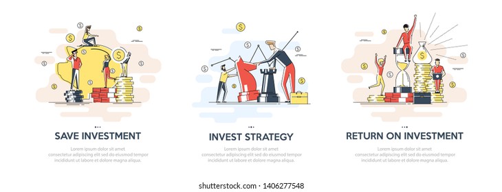 Flat linear illustration of Investing Plans set concept. Vector banner, icon, illustration. Save Investment. Strategy and return on investment. Isolated on white background.