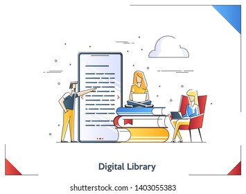 Flat linear illustration of Media book library concept E-book, reading an ebook to study on e-library at school. E-learning online, archive of books.