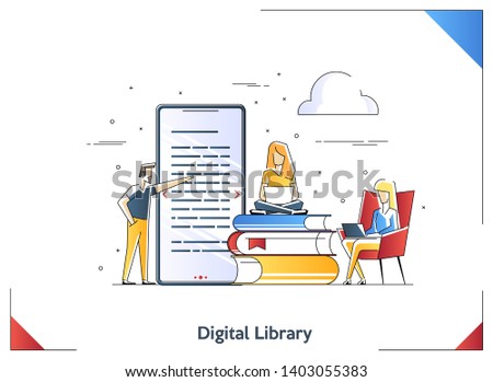 Flat linear illustration of Media book library concept E-book, reading an ebook to study on e-library at school. E-learning online, archive of books.