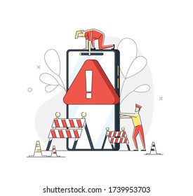 Flat linear illustration of Mobile Website under construction page concept. Flat geometric vector illustration isolated on white background.Banner, icon, landing page.