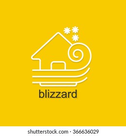 Flat linear illustration on yellow background with black text of blizzard. Isolated vector illustration for use in web and apps design