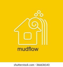 Flat linear illustration on yellow background with black text of mudflow. Isolated vector illustration for use in web and apps design