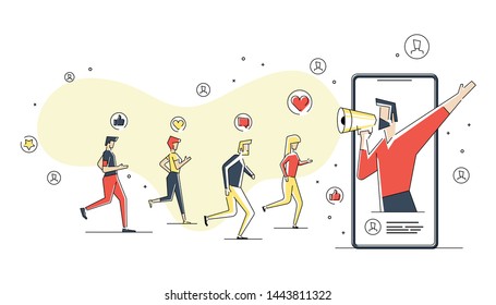 Flat linear illustration of Online Followers concept, Human with megaphone on screen, blogger using mobile phones and social media to promote services and goods for followers online. isolated on white