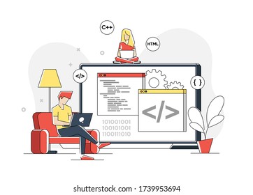 Flat linear illustration of programmer is working on a laptop. Creation of computer code in a programming language. Freelancer works at home at the table. Isolated on a white.