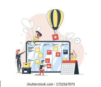 Flat linear illustration of scrum agile board with people and stickers.