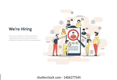 Flat linear illustration of Search Employee concept. Social presentation for employment. Infographic for recruiting. Web recruit resources, choice, research or fill form for selection.