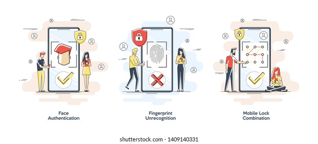 Flat linear illustrations of Biometric authentication concept. Set with privacy protection and recognition elements isolated vector illustration. Vector banner, icon, illustration for landing page.