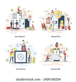 Flat Linear Illustrations Set Of Dollars In A Deposit Box, Safe Savings, A Money Deposit, Bank Employees, Investing Money On An Account, Closed Bank Safe. Small People Characters.