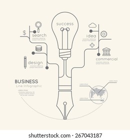 Flat linear Infographic Business Education Pen Tree with Light bulb Outline concept.Vector Illustration. 