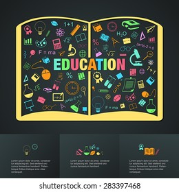 Flat linear infographic of education academic text book from many subject such as maths, science, art, chemistry, sport, and computer icon template layout design, create by vector
