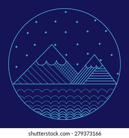Flat linear landscape badge with mountain. Vector illustration.