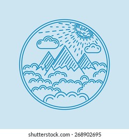 Flat linear landscape badge whit mountain, cloud, and sun. Vector illustration.