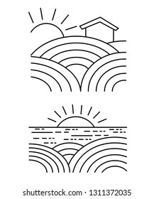 Flat linear landscape. Line style illustration on white background.