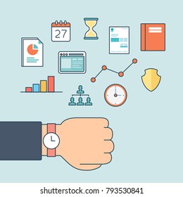 Flat linear male hand with watch with icons website vector illustration. Clock, work control Infographics objects template. Technology and time management concept. Time planning, time management.