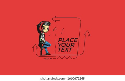 Flat linear Man listening  banner, scroll,  sticker, badge, price tag, poster.