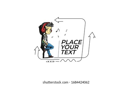 Flat linear Man listening  banner, scroll,  sticker, badge, price tag, poster.