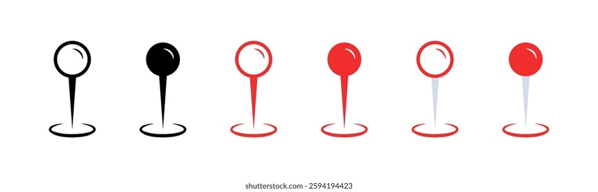 Flat linear map pin icons set - red and black location markers vector design.