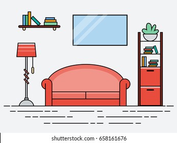 Flat linear modern design living room with pink sofa. Vector illustration of Interior living room