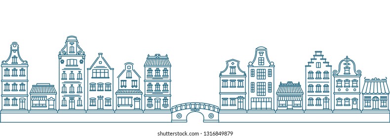 Flat linear panorama of the city landscape with buildings and houses. tourism, travel to amsterdam. Vector illustration