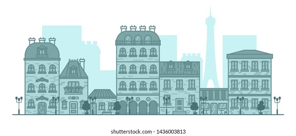 Flat linear panorama of the city landscape with buildings and houses. tourism, travel to Paris. Vector illustration