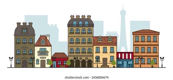 Flat linear panorama of the city landscape with buildings and houses. tourism, travel to Paris. Vector illustration