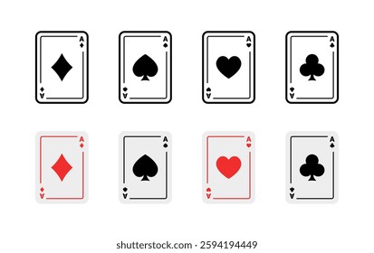 Flat linear playing cards icons set: ace of spades, hearts, diamonds, clubs.