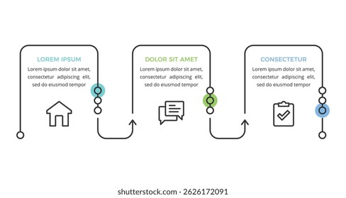 Modelo de infográfico de processo linear plano com três etapas, ilustração eps10 vetorial