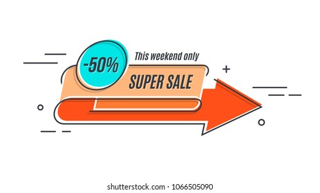 Flat linear promotion arrow banner, scroll, price tag. Vector illustration. Swatch color control