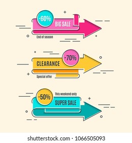 Flat linear promotion arrow banner, scroll, price tag, sticker, poster. Vector illustration set. Swatch color control