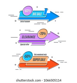 Flat linear promotion arrow banner, scroll, price tag, sticker, poster. Vector illustration set. Swatch color control
