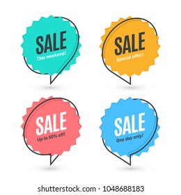 Flat linear promotion banner, speech bubble, price tag, sticker, badge. Vector illustration